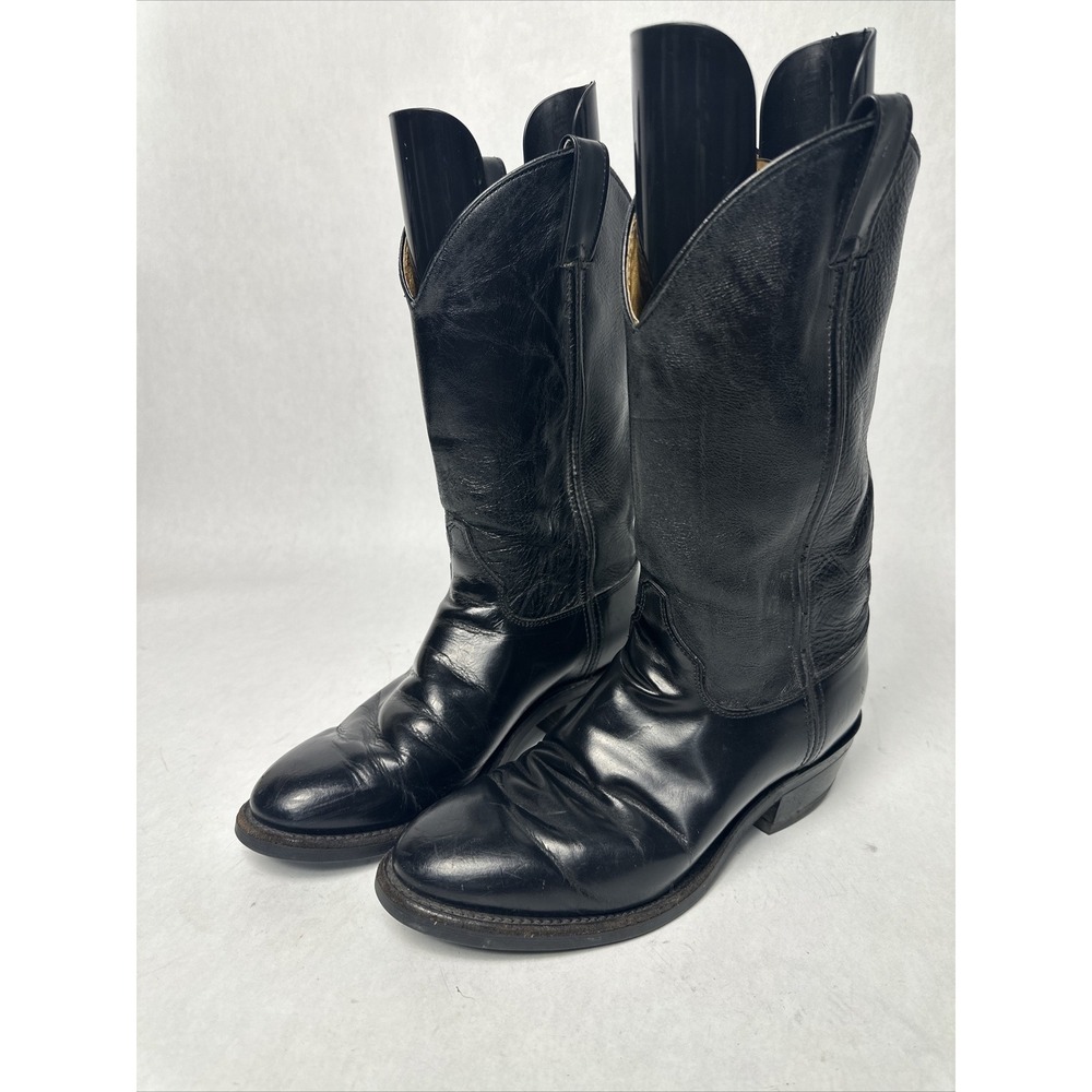 Justin Boots Tobias Round Toe Cowboy Mens 8D Black Leather Boots 3040 1970s